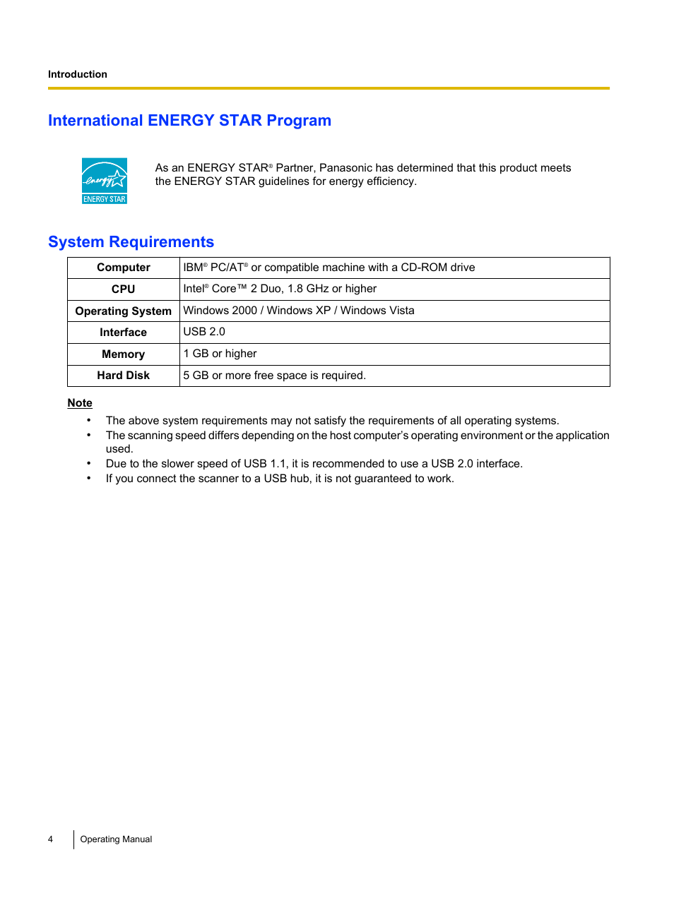 International energy star program, System requirements | Panasonic KV-S4085CW User Manual | Page 4 / 87