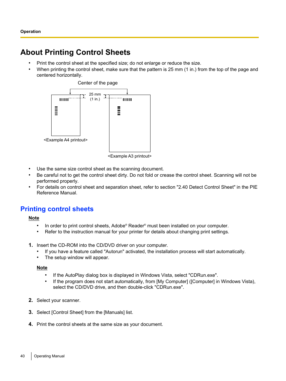 About printing control sheets, Printing control sheets | Panasonic KV-S4085CW User Manual | Page 40 / 87