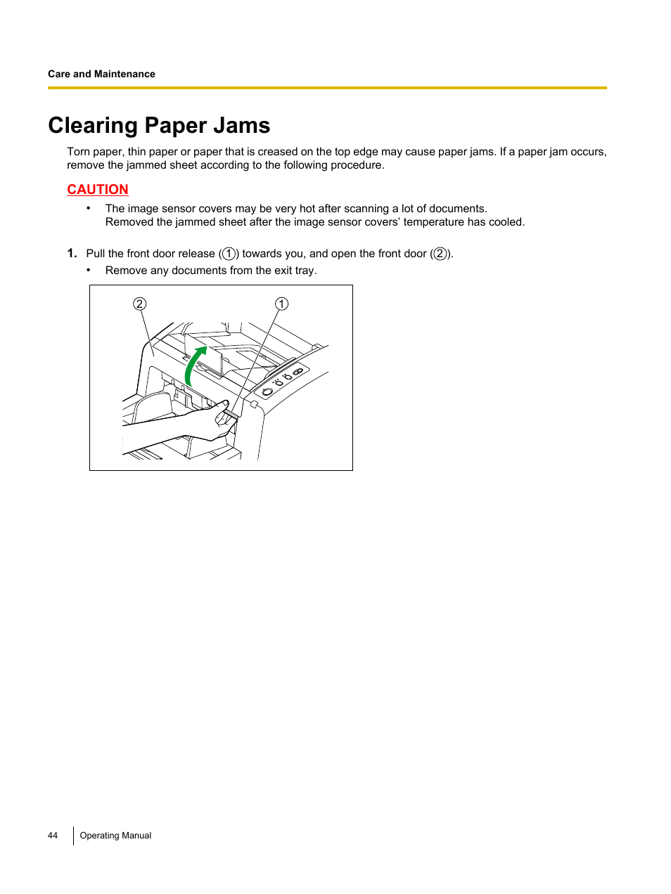 Care and maintenance, Clearing paper jams | Panasonic KV-S4085CW User Manual | Page 44 / 87