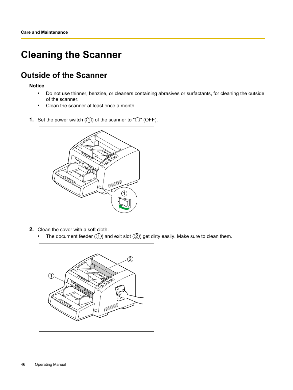 Cleaning the scanner, Outside of the scanner | Panasonic KV-S4085CW User Manual | Page 46 / 87