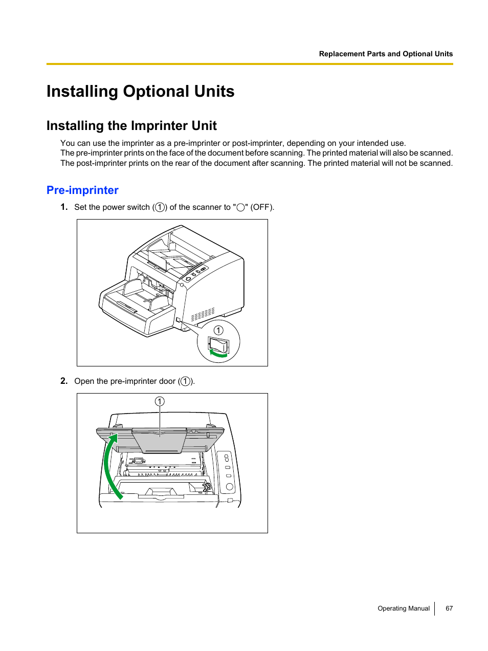 Installing optional units, Installing the imprinter unit, Pre-imprinter | Panasonic KV-S4085CW User Manual | Page 67 / 87