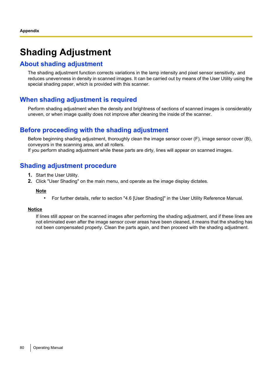 Shading adjustment, About shading adjustment, When shading adjustment is required | Before proceeding with the shading adjustment, Shading adjustment procedure | Panasonic KV-S4085CW User Manual | Page 80 / 87