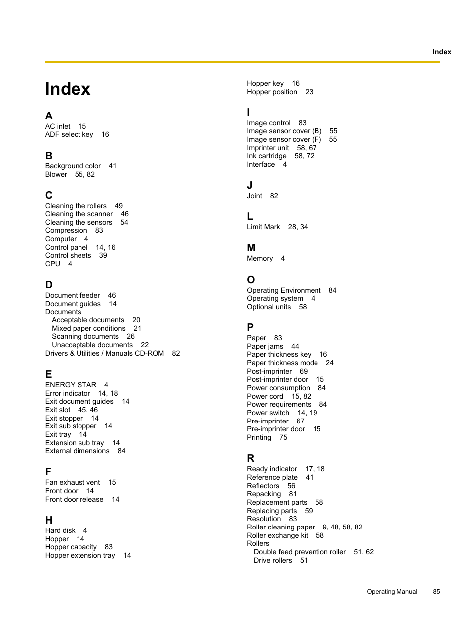 Index | Panasonic KV-S4085CW User Manual | Page 85 / 87