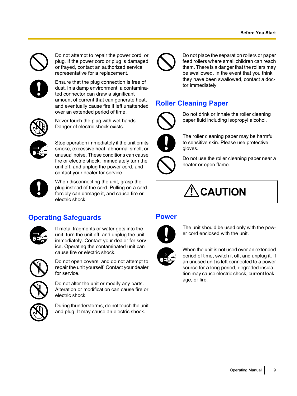 Caution, Operating safeguards, Roller cleaning paper | Power | Panasonic KV-S4085CW User Manual | Page 9 / 87