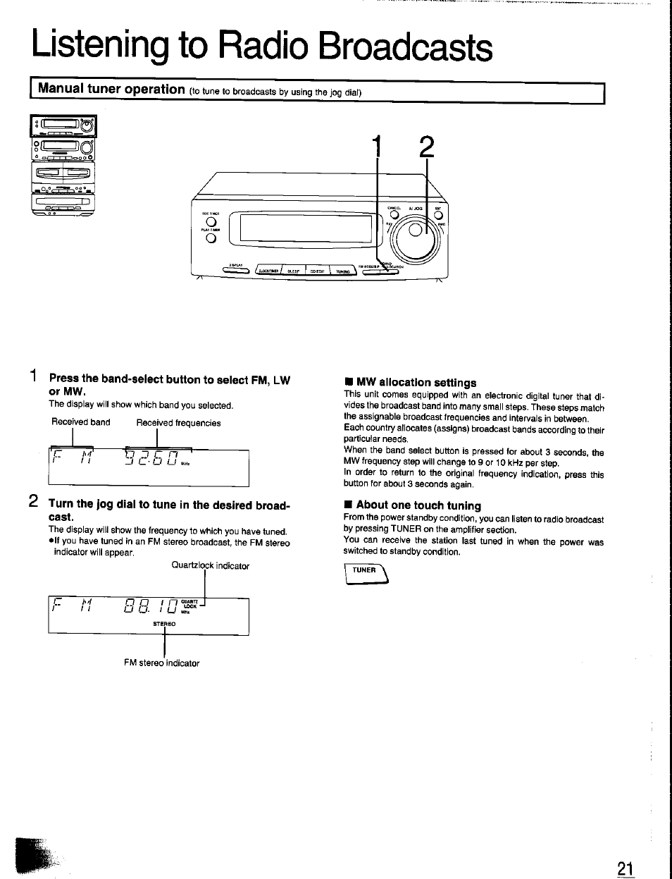 Mw allocation settings, About one touch tuning, Listening to radio broadcasts | Panasonic SC-CH350 User Manual | Page 21 / 64