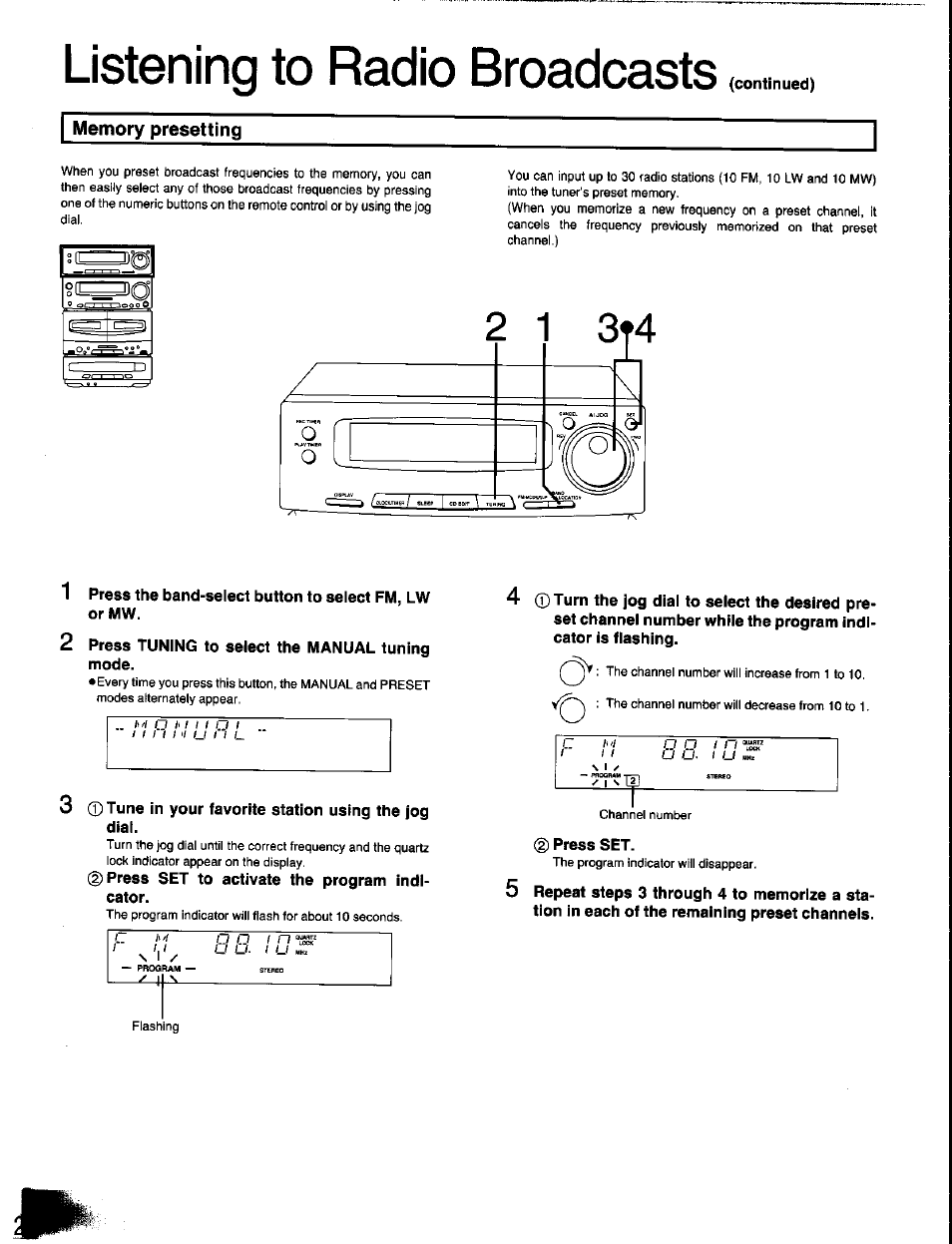 Continued), Memory presetting, 2 press tuning to select the manual tuning mode | 0tune in your favorite station using the jog dial, Press set, Listening to radio broadcasts | Panasonic SC-CH350 User Manual | Page 22 / 64