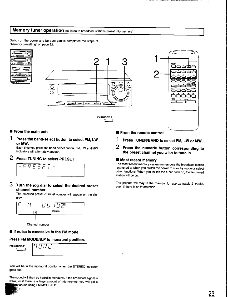 From the main unit, 2 press tuning to select preset, From the remote control | 1 press tuner/band to select fm, lw or mw | Panasonic SC-CH350 User Manual | Page 23 / 64