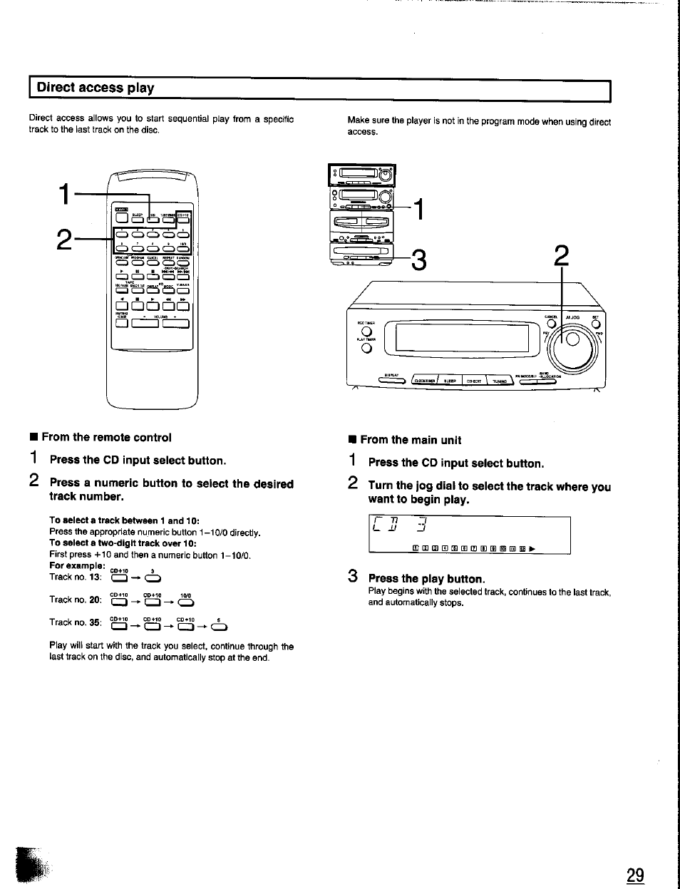 Direct access play, From the remote control, 1 press the cd input select button | From the main unit, 3 press the play button | Panasonic SC-CH350 User Manual | Page 29 / 64