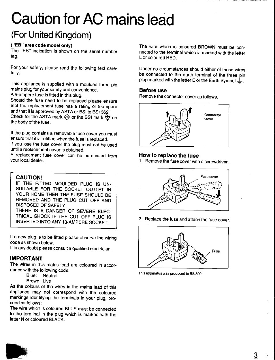 Caution for ac mains iead, Eb” area code model only), Caution | Important, Before use, How to replace the fuse, Caution for ac mains lead, For united kingdom) | Panasonic SC-CH350 User Manual | Page 3 / 64