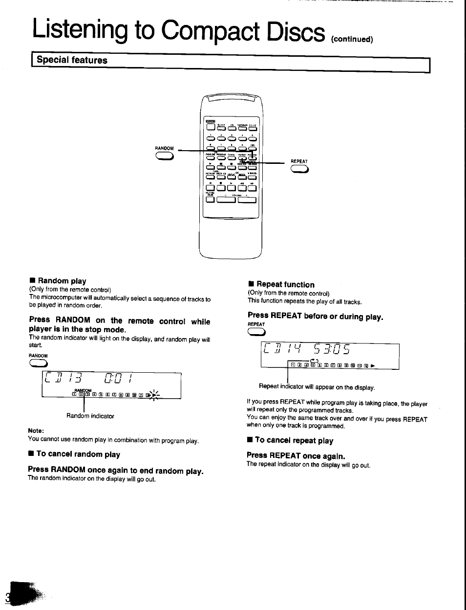 Special features, Random play, Repeat function | To cancel repeat play, Press repeat once again, Listening to compact discs | Panasonic SC-CH350 User Manual | Page 30 / 64