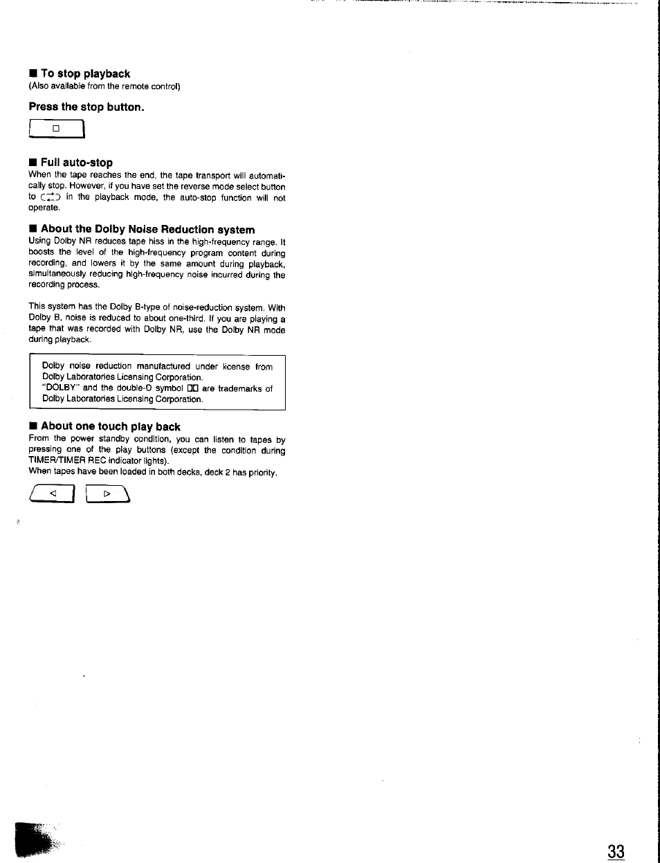 To stop playback, Press the stop button, Full auto-stop | About the dolby noise reduction system, About one touch play back | Panasonic SC-CH350 User Manual | Page 33 / 64
