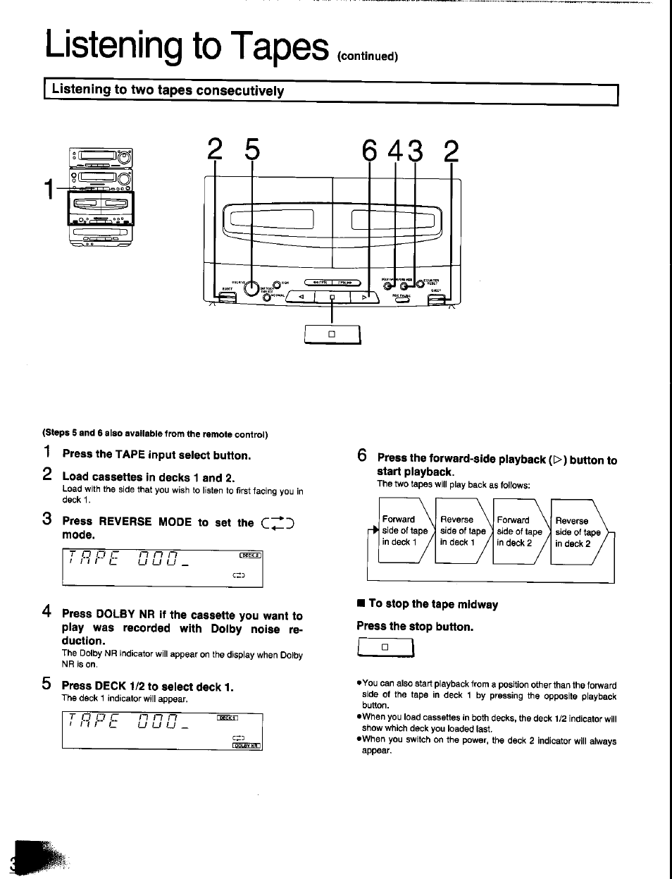 Listening to two tapes consecutively, 1 press the tape input seiect button, 2 load cassettes in decks 1 and 2 | 3 press reverse mode to set the mode, 5 press deck 1/2 to seiect deck 1, To stop the tape midway press the stop button, Listening to tapes | Panasonic SC-CH350 User Manual | Page 34 / 64