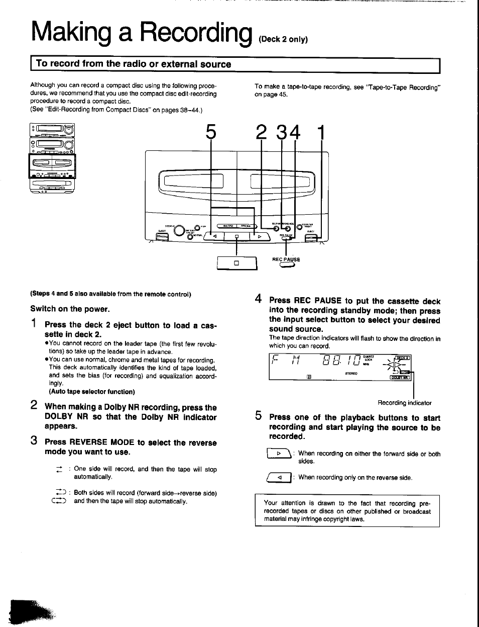 To record from the radio or external source, Switch on the power, Making a recording | Panasonic SC-CH350 User Manual | Page 36 / 64