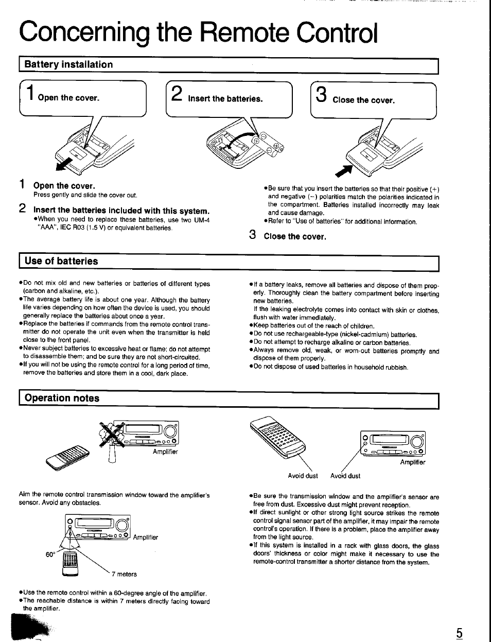 Concerning the remote control, I battery installation, 2 insert the batteries included with this system | 3 close the cover, Use of batteries, Operation notes | Panasonic SC-CH350 User Manual | Page 5 / 64