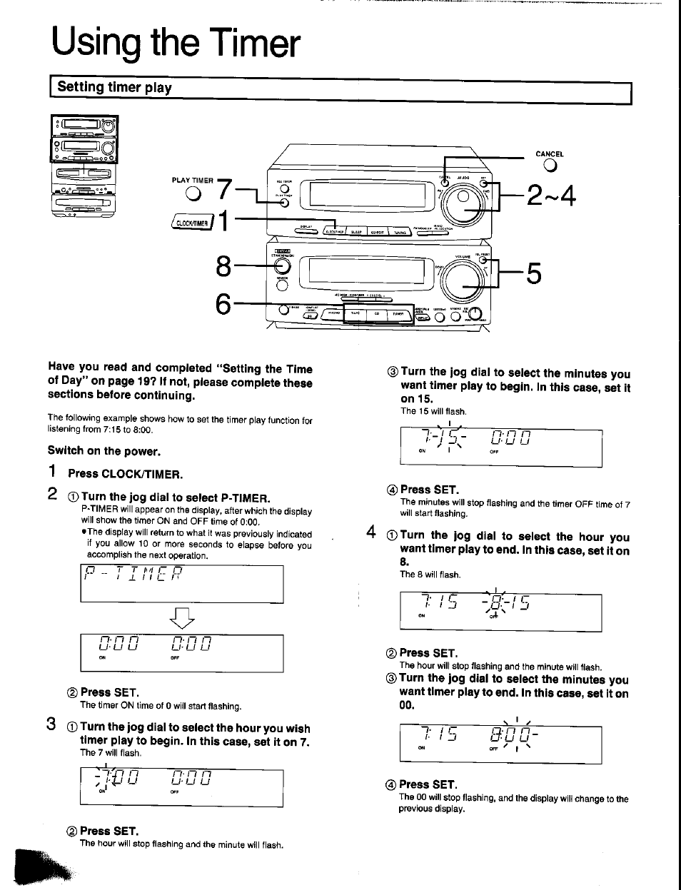 1 press clock/timer, 2 0 turn the jog dial to select p-timer, D press set | Using the timer | Panasonic SC-CH350 User Manual | Page 50 / 64