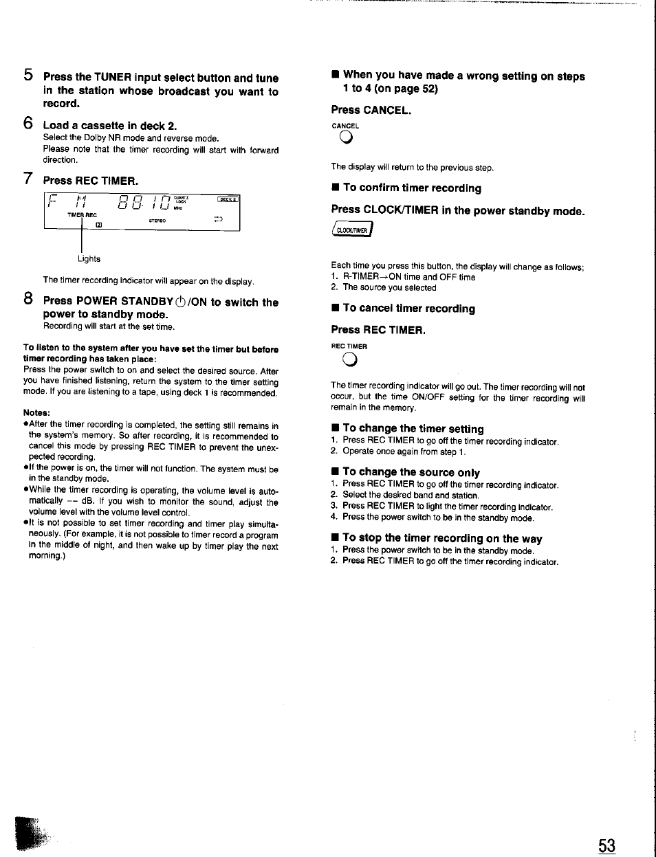 To confirm timer recording, To cancel timer recording press rec timer, To change the timer setting | To change the source only, To stop the timer recording on the way | Panasonic SC-CH350 User Manual | Page 53 / 64