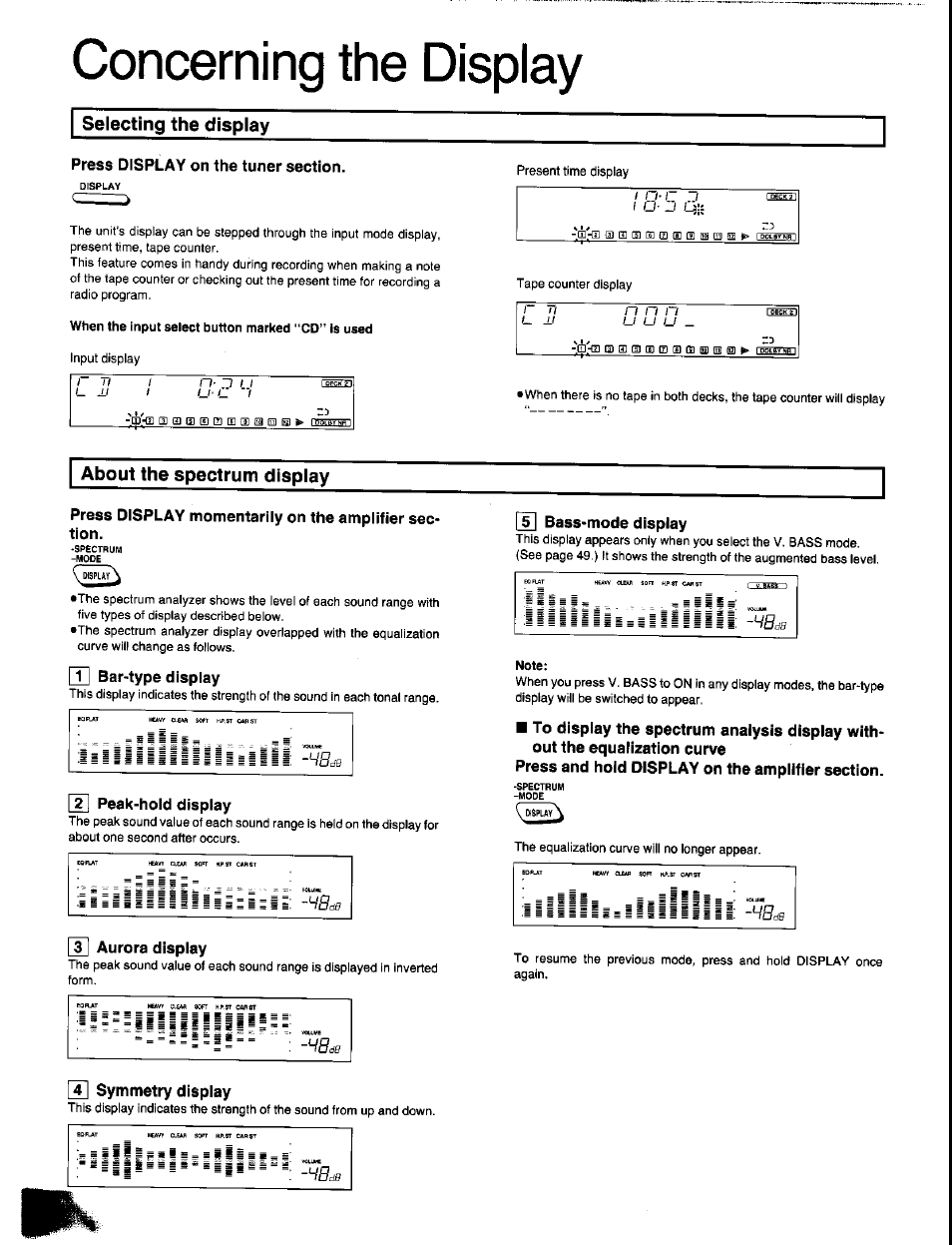 Selecting the display, Press display on the tuner section, About the spectrum display | Press display momentarily on the amplifier section, 2j peak-hold display, In aurora display, N symmetry display, N bass-mode display, Concerning the display | Panasonic SC-CH350 User Manual | Page 58 / 64