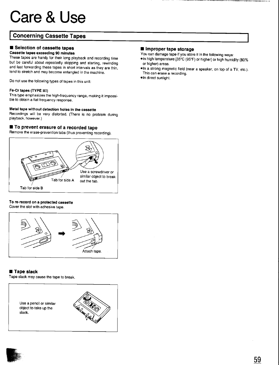 Care & use, I concerning cassette tapes, Selection of cassette tapes | Improper tape storage, Tape slack | Panasonic SC-CH350 User Manual | Page 59 / 64