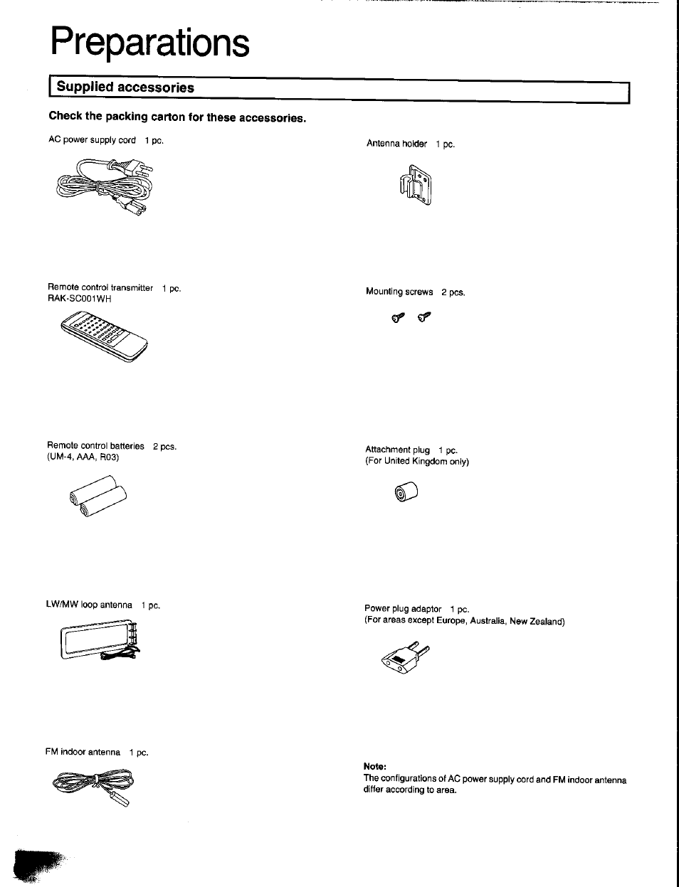 Supplied accessories, Check the packing carton for these accessories, Preparations | Panasonic SC-CH350 User Manual | Page 6 / 64