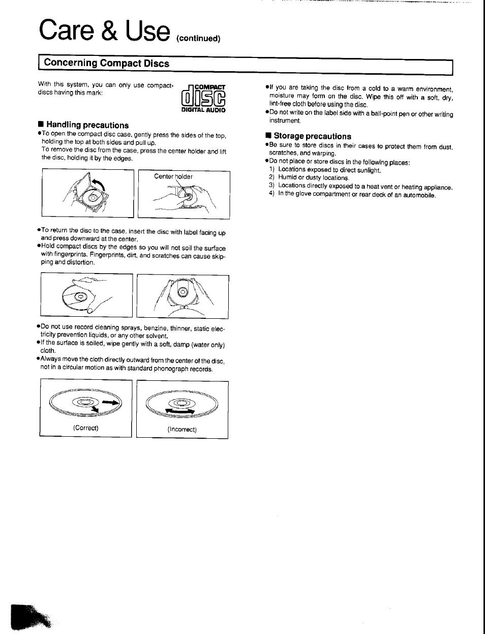 I concerning compact discs, Handling precautions, Care & use | Panasonic SC-CH350 User Manual | Page 60 / 64