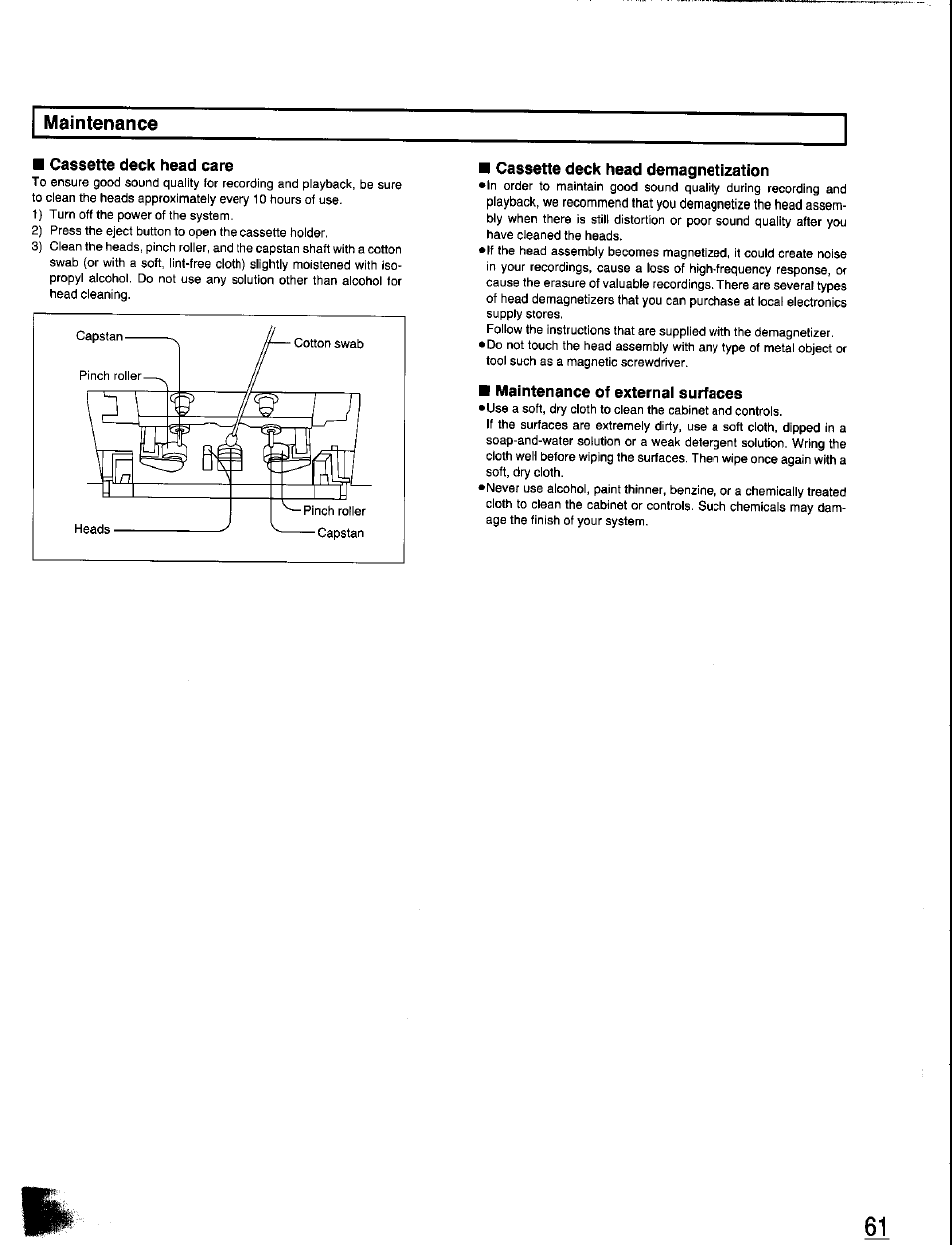 Maintenance, Cassette deck head care, Cassette deck head demagnetization | Maintenance of external surfaces | Panasonic SC-CH350 User Manual | Page 61 / 64