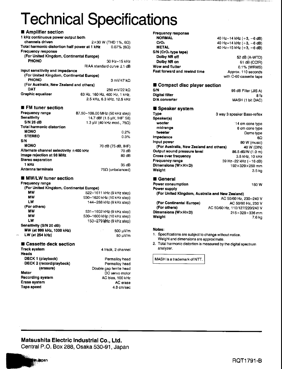 Matsushita electric industrial co., ltd, Т echnical specifications | Panasonic SC-CH350 User Manual | Page 64 / 64