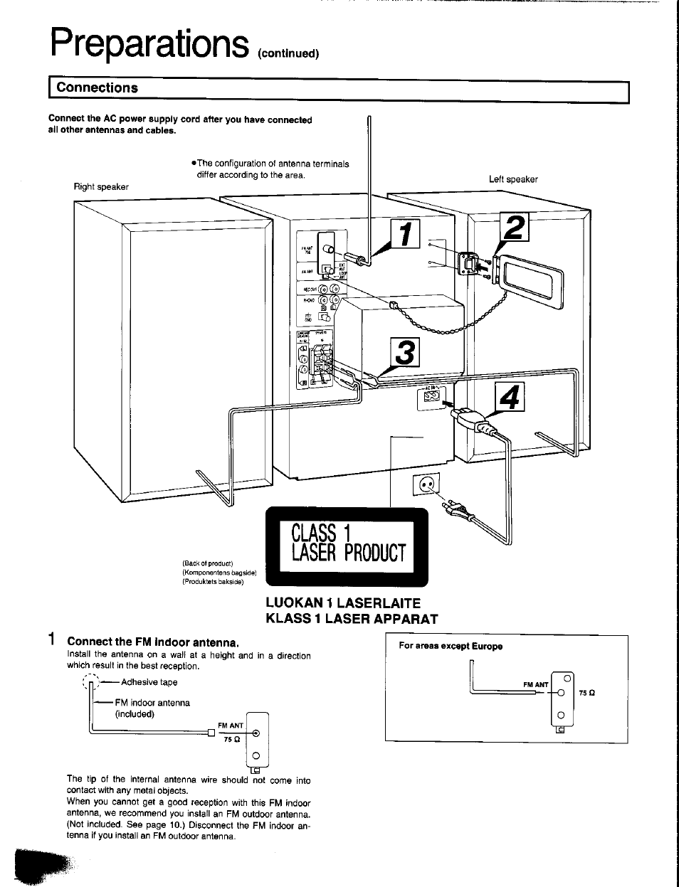 Connections, Luokan 1 laserlaite klass1 laser apparat, 1 connect the fm indoor antenna | Preparations | Panasonic SC-CH350 User Manual | Page 8 / 64