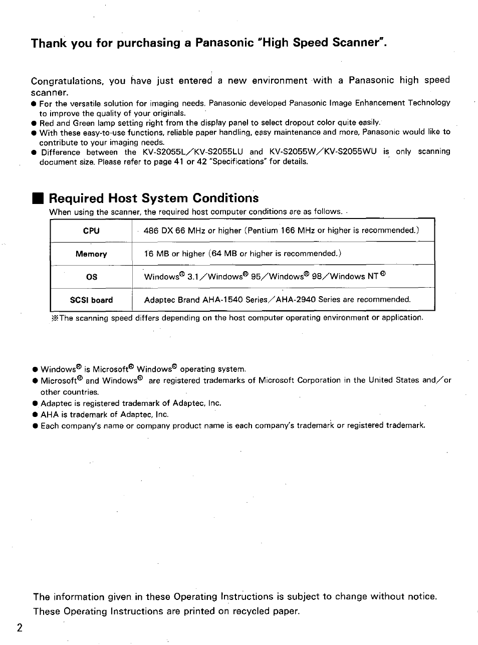 Required host system conditions | Panasonic KVS2055L User Manual | Page 2 / 48