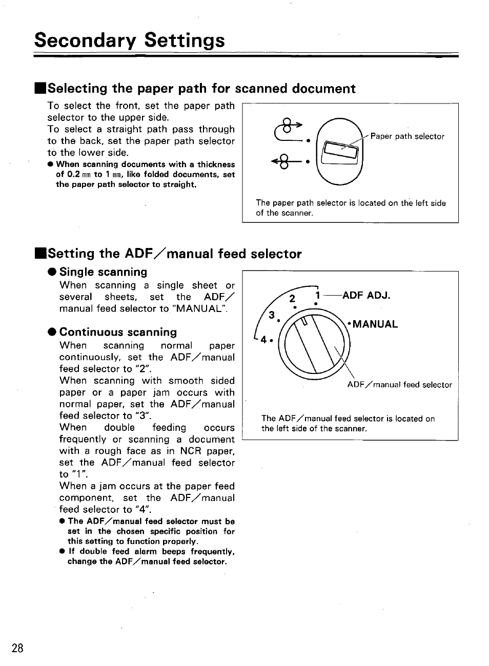Iselecting the paper path for scanned document, Isetting the adf/manual feed selector, Single scanning | Continuous scanning, Selecting the paper path for scanned document, Setting the adf/manual, Feed selector, Secondary settings | Panasonic KVS2055L User Manual | Page 28 / 48