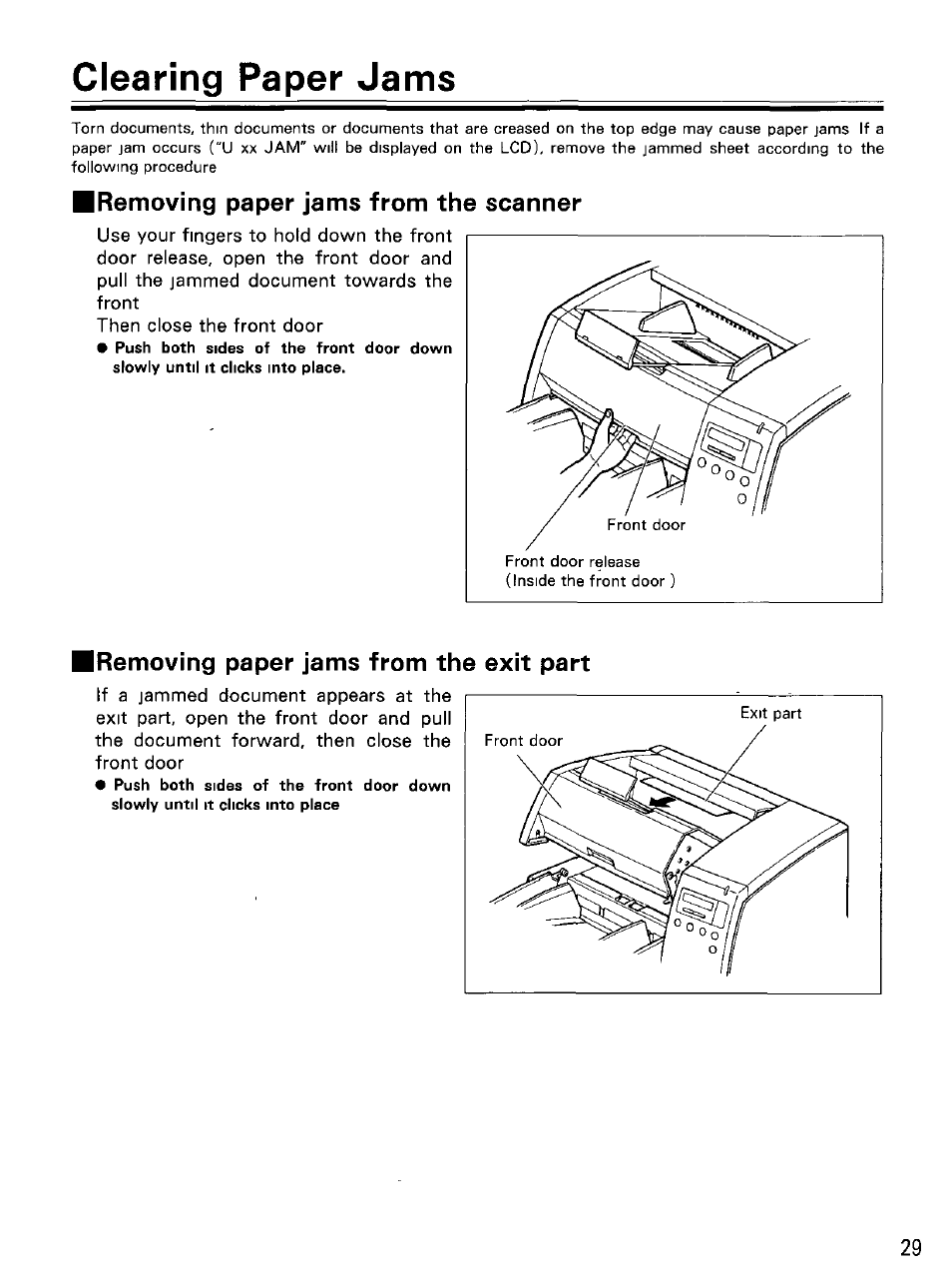 Iremoving paper jams from the scanner, Iremoving paper jams from the exit part, Removing paper jams from | The scanner, Removing paper jams from the exit part, Clearing paper jams | Panasonic KVS2055L User Manual | Page 29 / 48