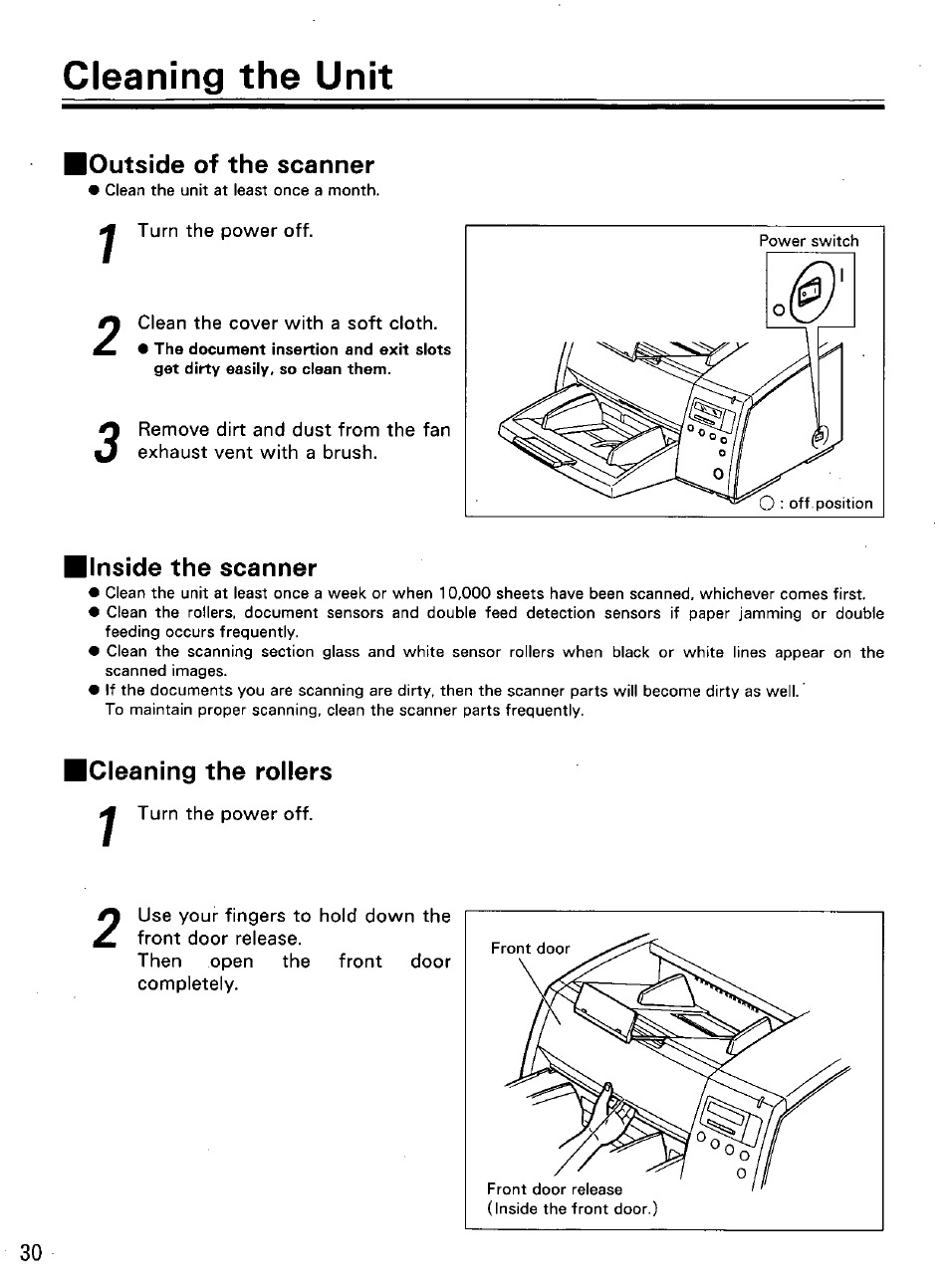 Loutside of the scanner, Inside the scanner, Icieaning the rollers | Turn the power off, Front door release. then open the completely, Cleaning the unit | Panasonic KVS2055L User Manual | Page 30 / 48