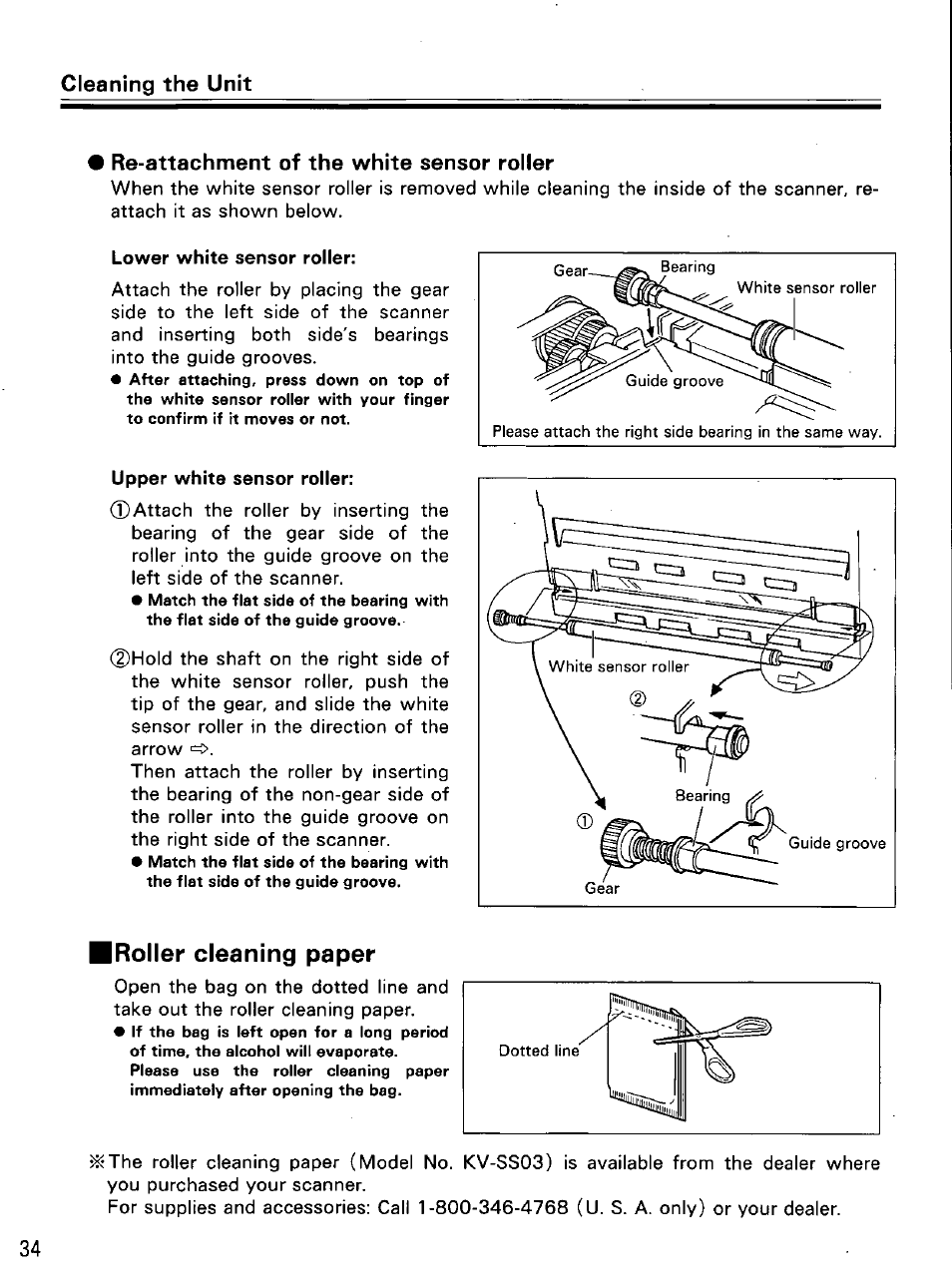 Re-attachment of the white sensor roller, Iroller cleaning paper, Roller cleaning paper | Cleaning the unit | Panasonic KVS2055L User Manual | Page 34 / 48