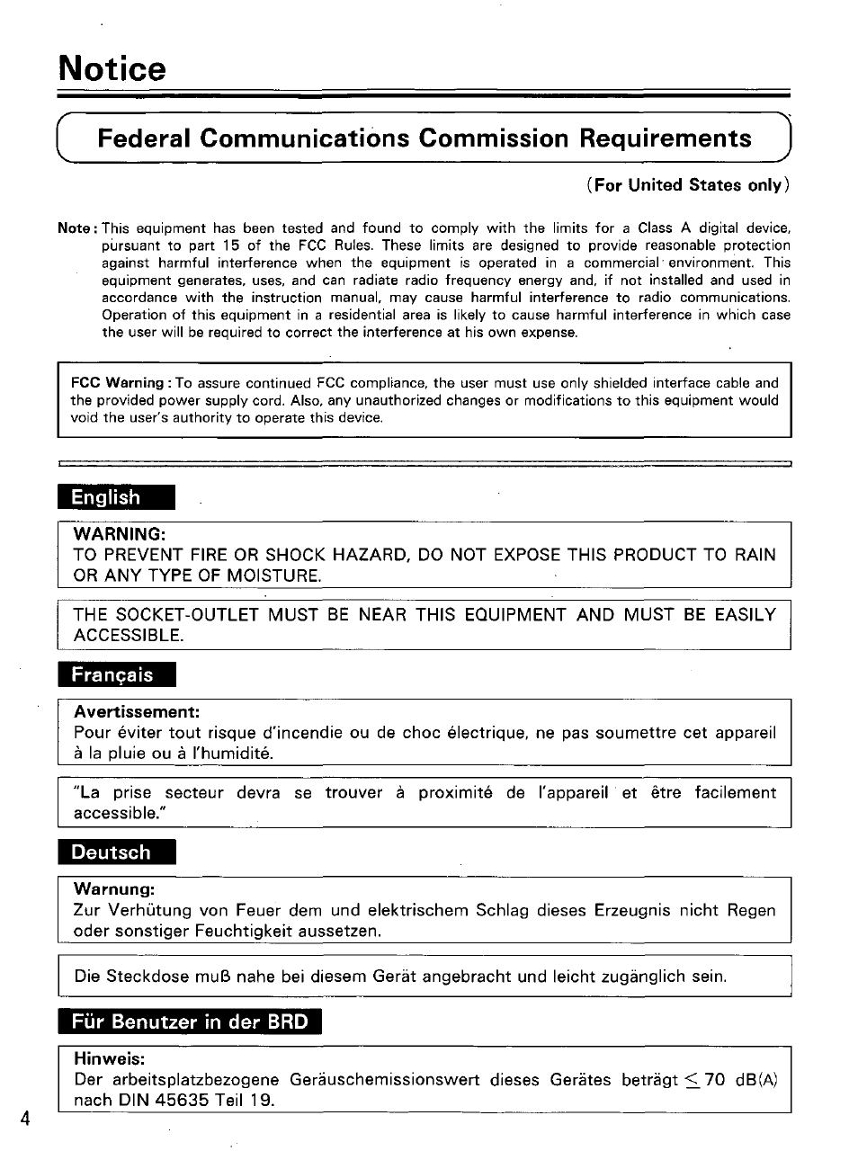 Federal communications commission requirements, For united states only), English | Warning, Français, Avertissement, Deutsch, Warnung, Für benutzer in der brd, Hinweis | Panasonic KVS2055L User Manual | Page 4 / 48