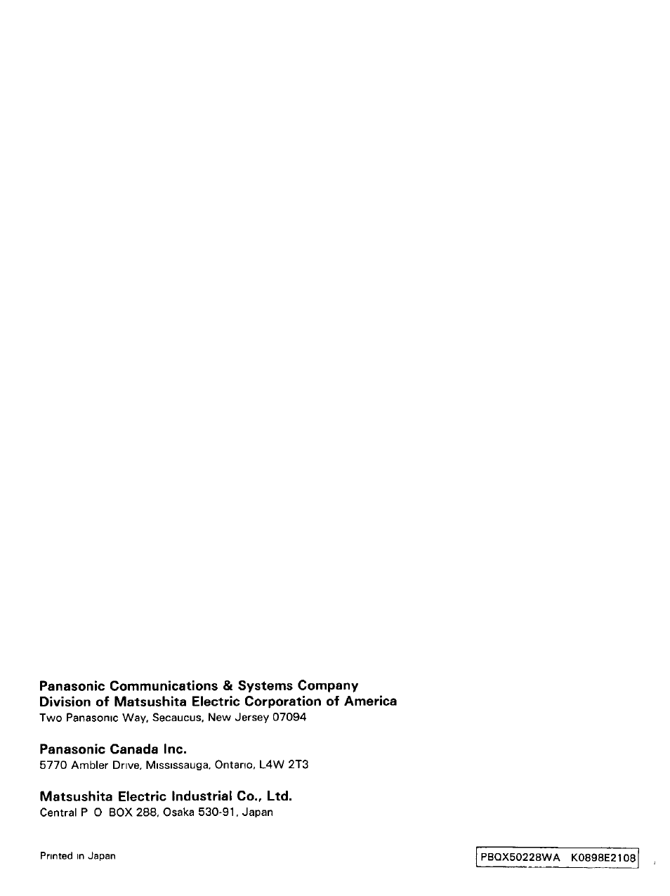 Panasonic canada inc, Matsushita electric industrial co., ltd | Panasonic KVS2055L User Manual | Page 48 / 48