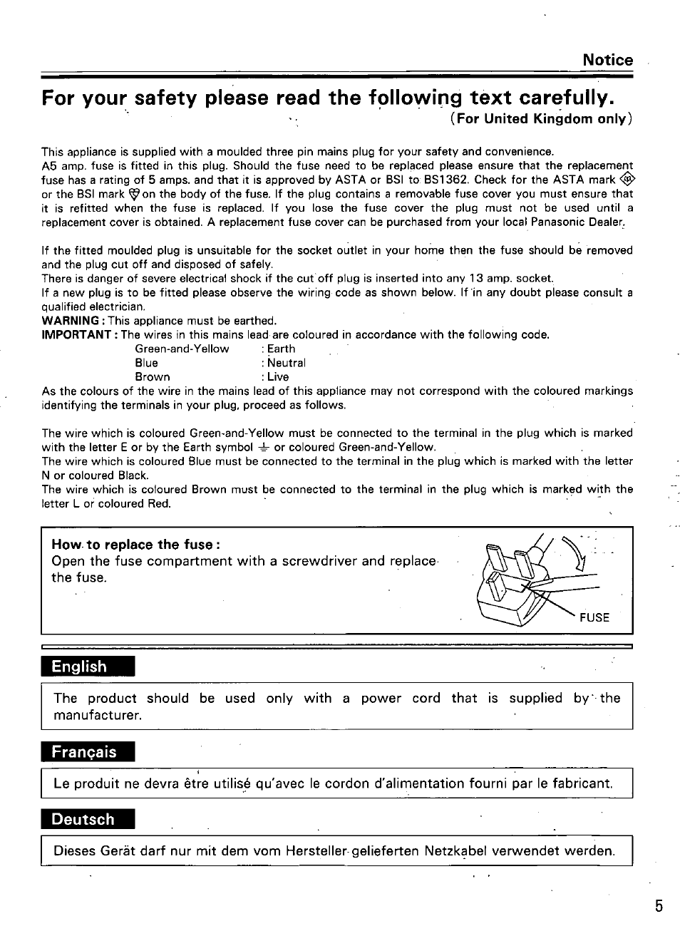 For united kingdom only), How to replace the fuse, English | Français, Deutsch, Notice | Panasonic KVS2055L User Manual | Page 5 / 48