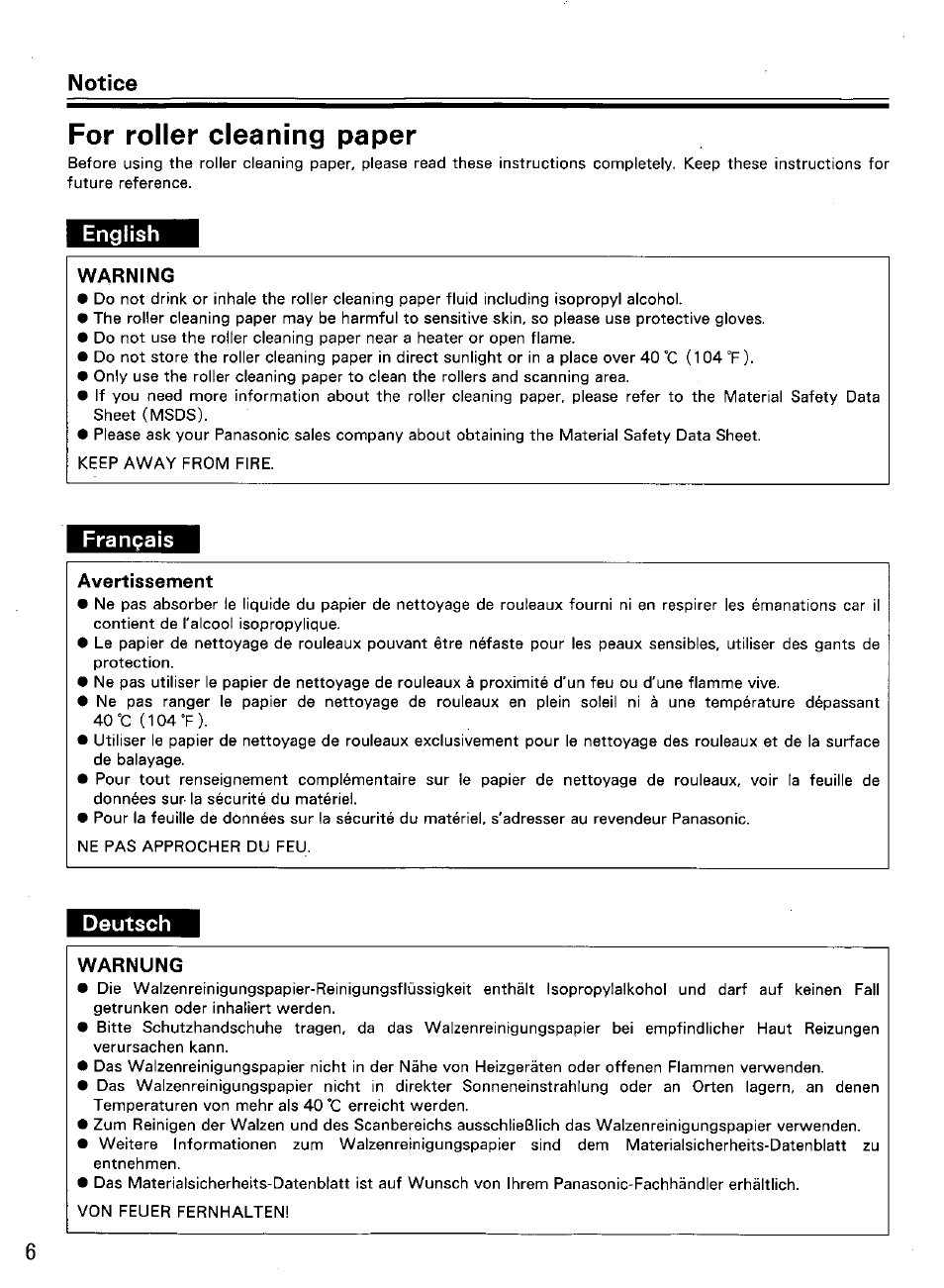 For roller cleaning paper, English, Français | Deutsch, Notice | Panasonic KVS2055L User Manual | Page 6 / 48