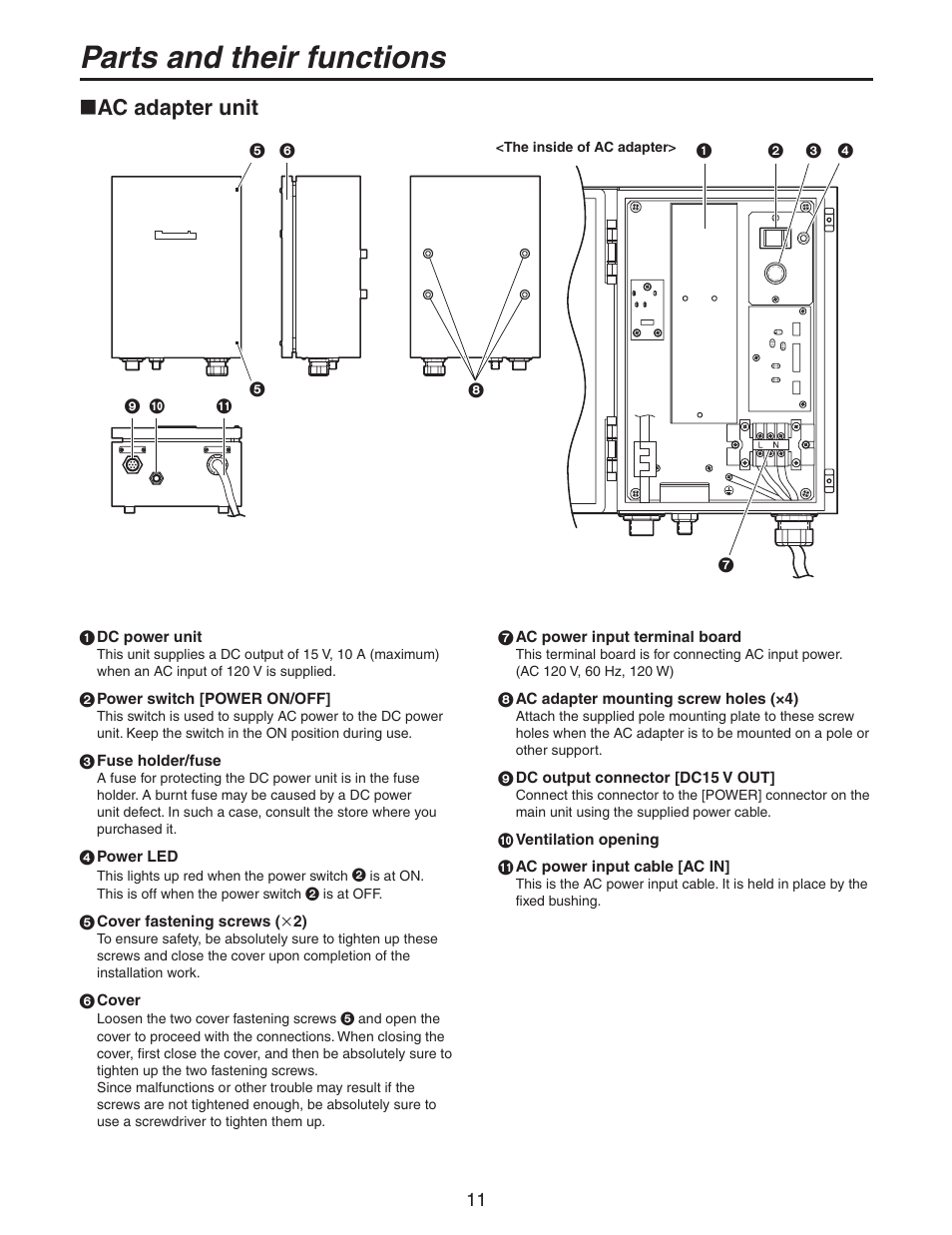 Ac adapter unit, Parts and their functions | Panasonic AW-PH650N User Manual | Page 11 / 44