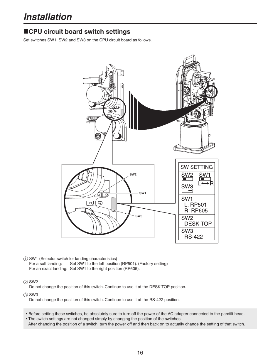 Cpu circuit board switch settings, Installation | Panasonic AW-PH650N User Manual | Page 16 / 44