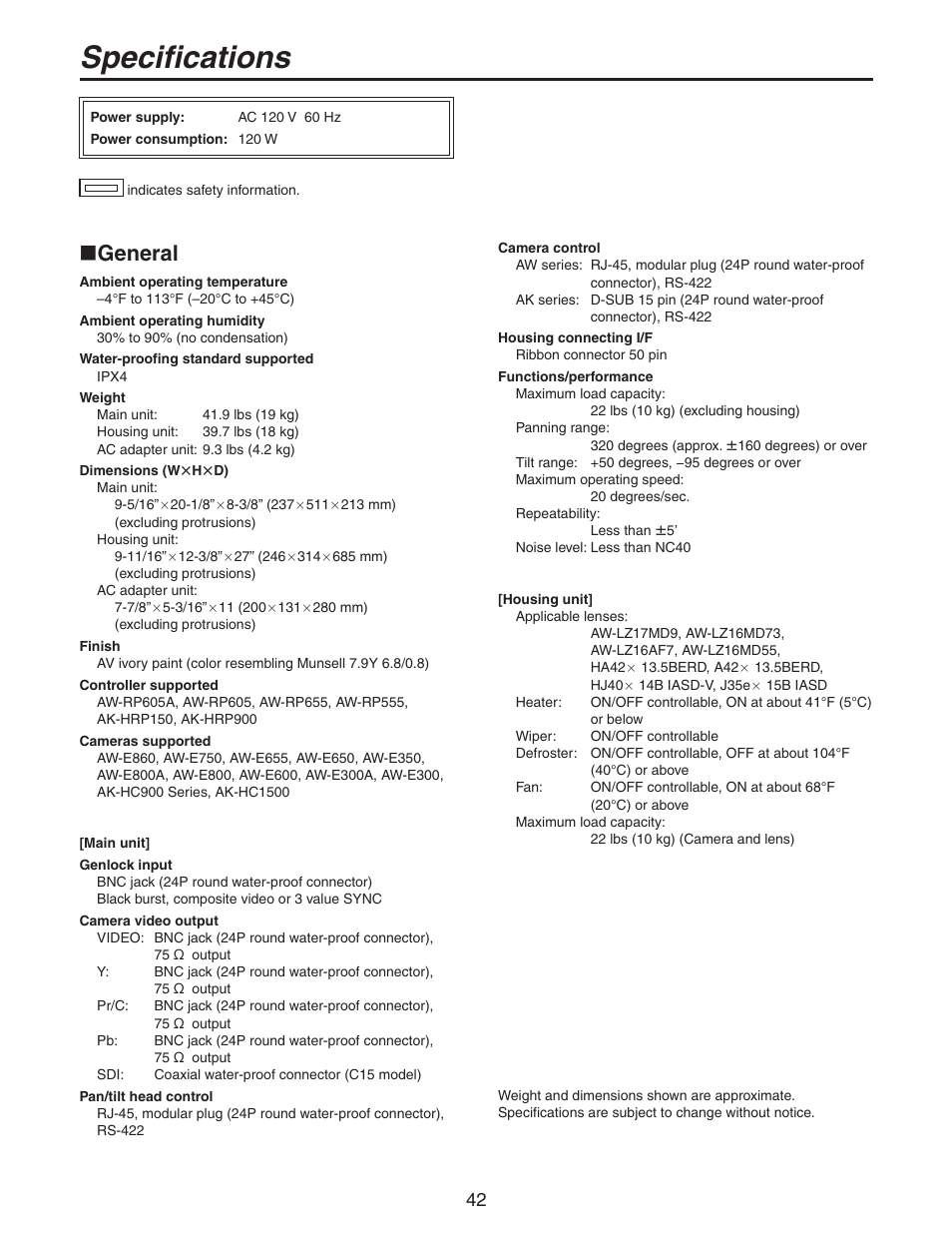 Specifications, General | Panasonic AW-PH650N User Manual | Page 42 / 44