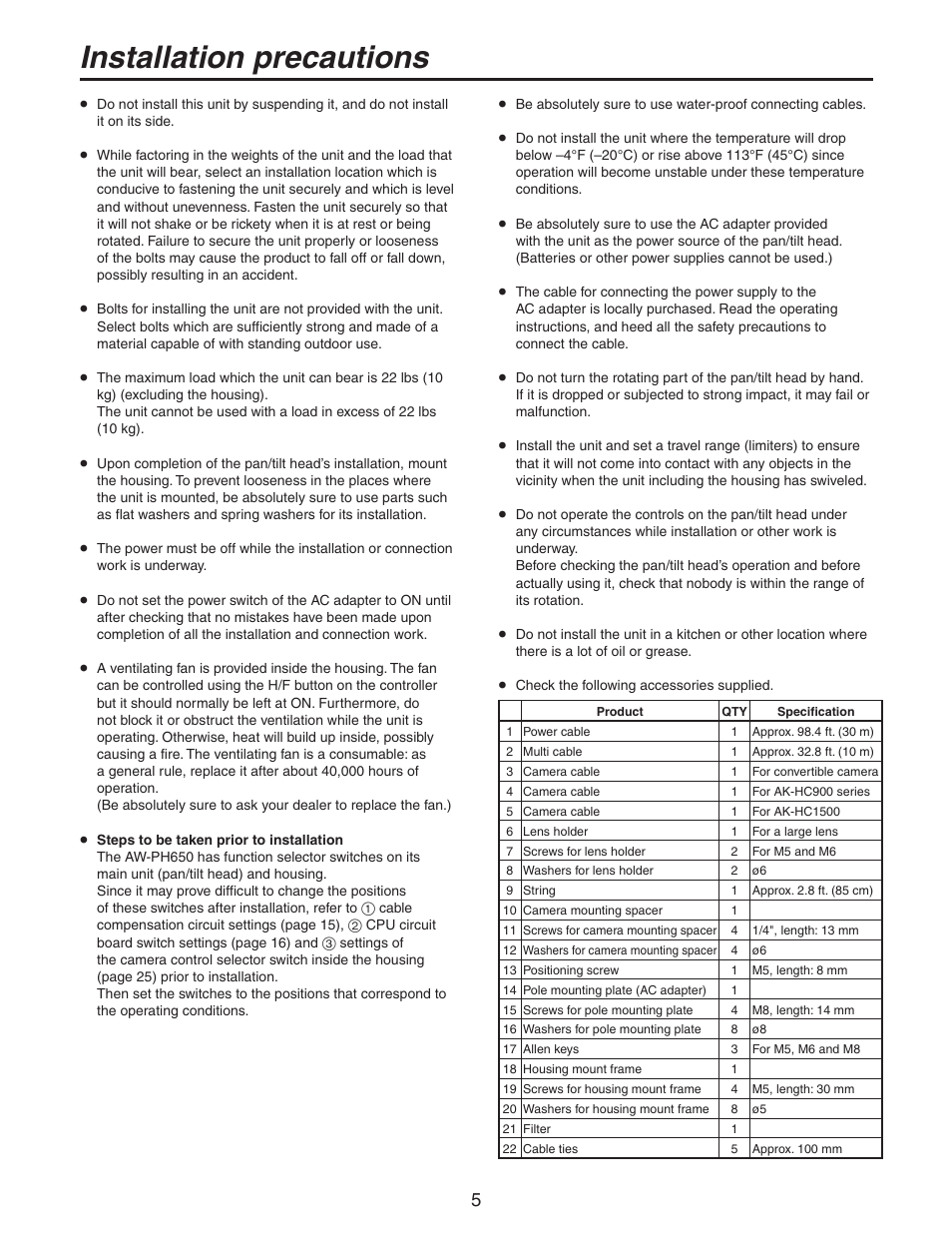 Installation precautions | Panasonic AW-PH650N User Manual | Page 5 / 44