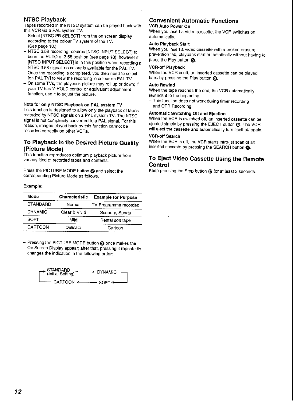 Ntsc playback, Convenient automatic functions, To eject video cassette using the remote control | Panasonic NV-SJ230A User Manual | Page 12 / 22