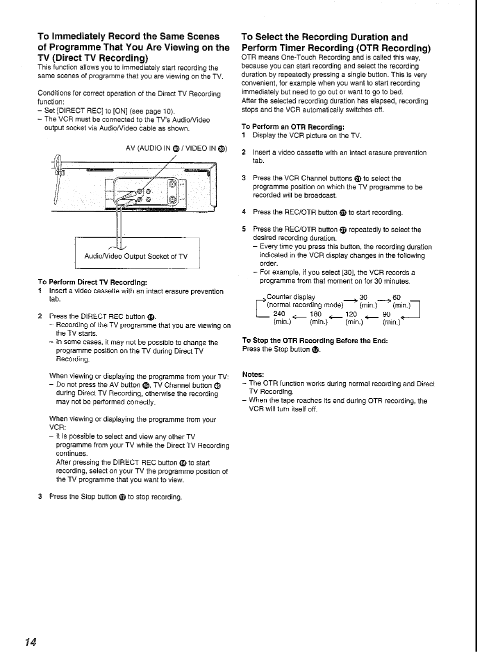 To perform direct tv recording, To perform an otr recording, To stop the otr recording before the end | Notes | Panasonic NV-SJ230A User Manual | Page 14 / 22