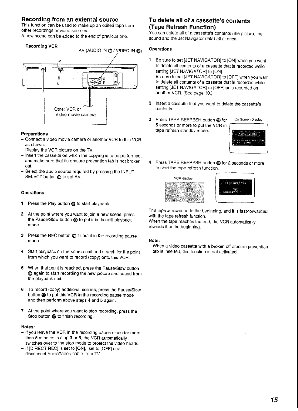 Recording from an external source, Preparations, Operations | Notes, Note | Panasonic NV-SJ230A User Manual | Page 15 / 22