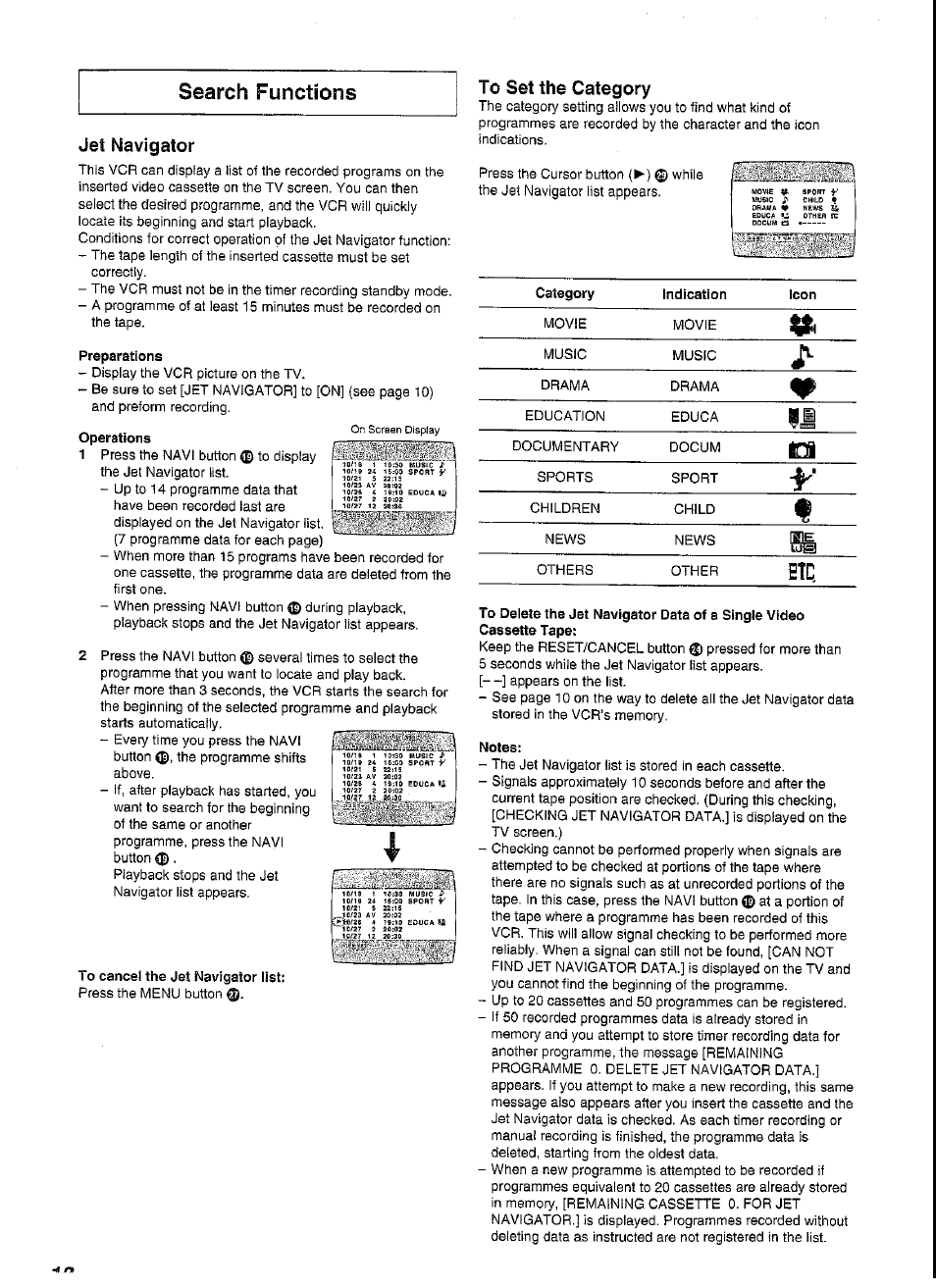Jet navigator, To set the category, Search functions | Panasonic NV-SJ230A User Manual | Page 18 / 22