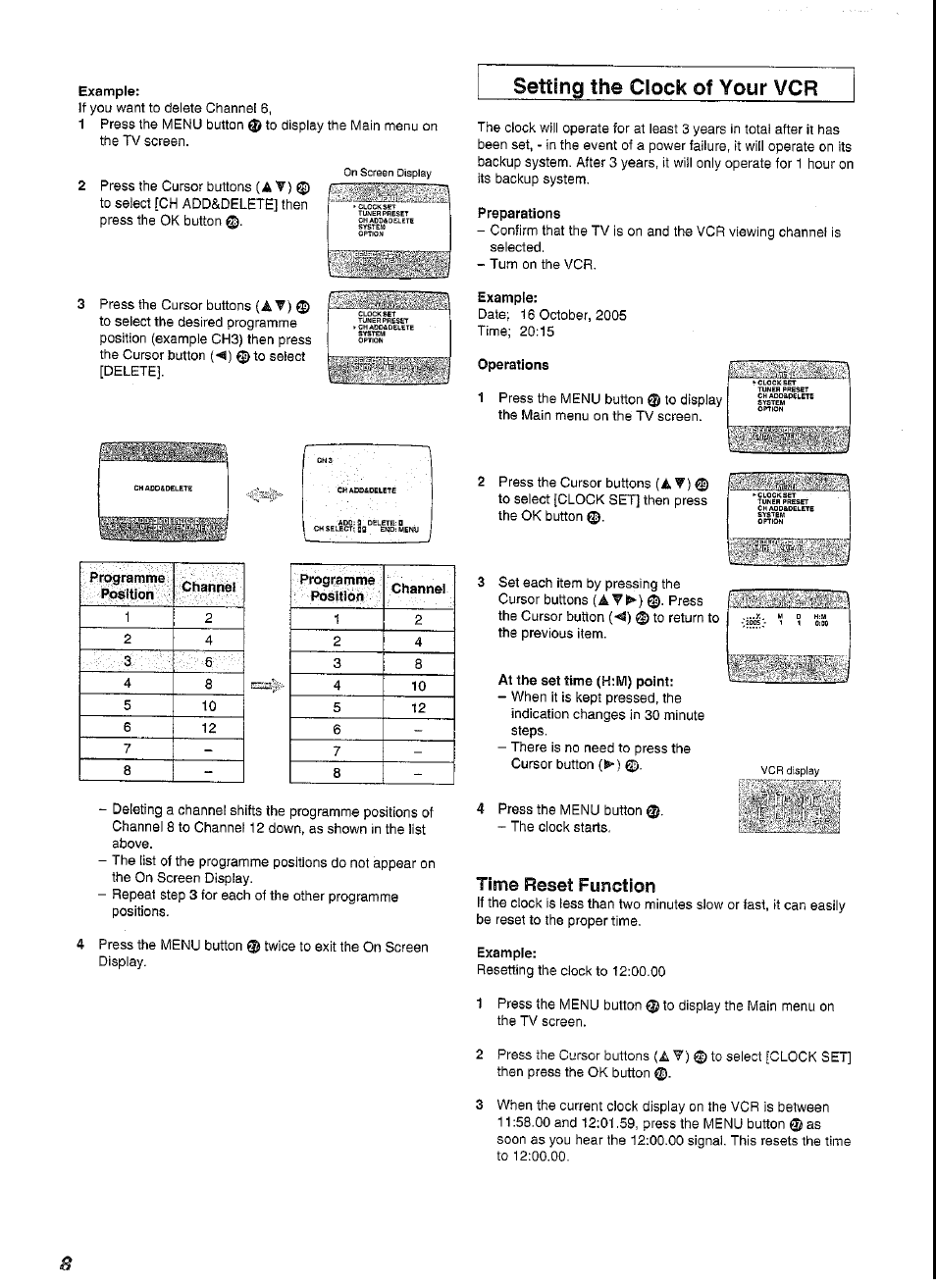 Example, Setting the clock of your vcr, Preparations | Operations, At the set time (h:m) point, Time reset function | Panasonic NV-SJ230A User Manual | Page 8 / 22