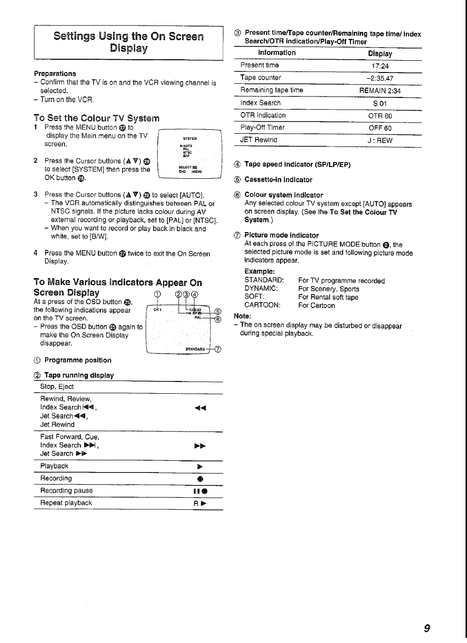 Preparations, 4) tape speed indicator (sp/lp/ep), Cassette-in indicator | 6) colour system indicator, Picture mode indicator, Note | Panasonic NV-SJ230A User Manual | Page 9 / 22