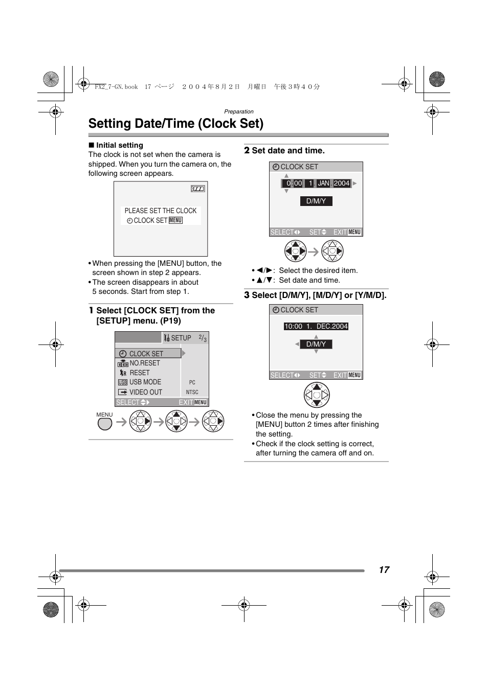 Setting date/time (clock set) | Panasonic DMC-FX7GN User Manual | Page 17 / 104