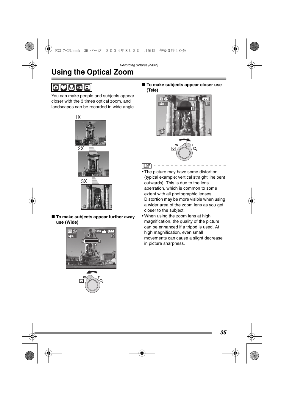 Using the optical zoom, 1x 2x 3x | Panasonic DMC-FX7GN User Manual | Page 35 / 104