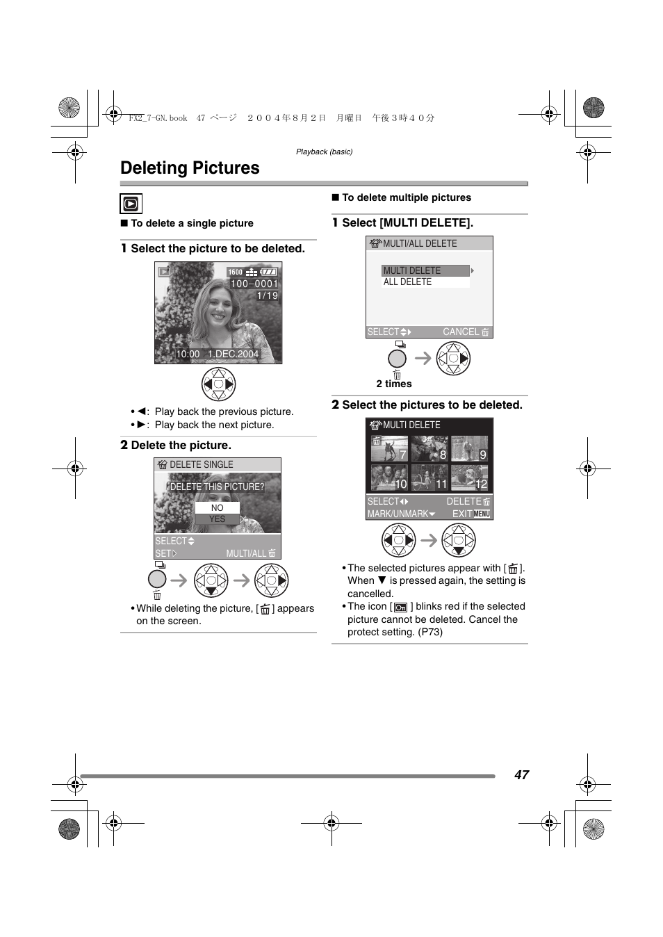 Deleting pictures | Panasonic DMC-FX7GN User Manual | Page 47 / 104