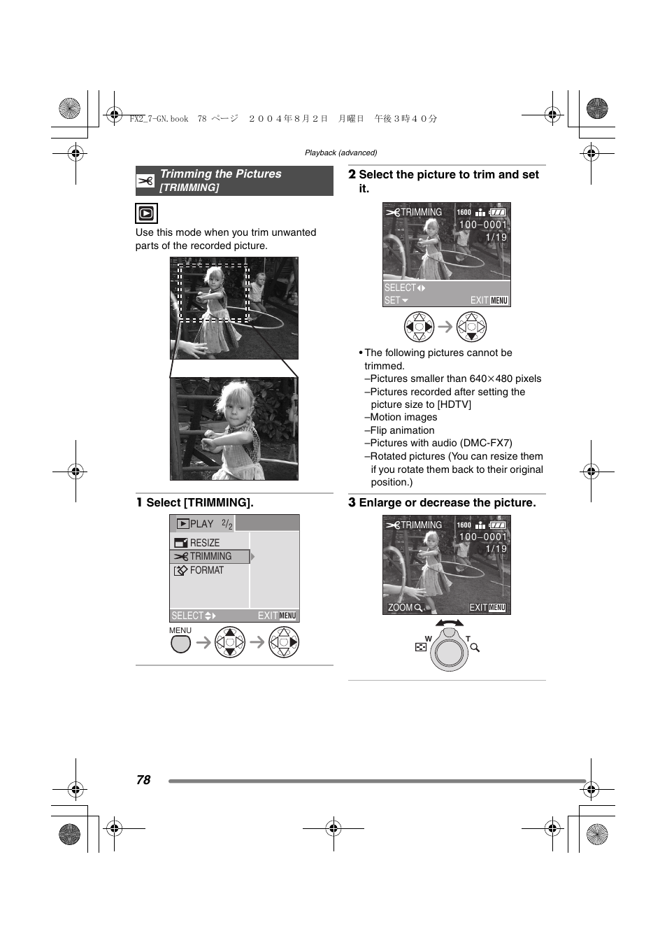 Trimming the pictures | Panasonic DMC-FX7GN User Manual | Page 78 / 104